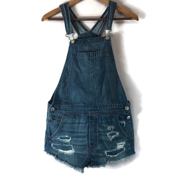 American Eagle Distressed Denim Overalls Shorts Shortalls XS EUC - Picture 1 of 11
